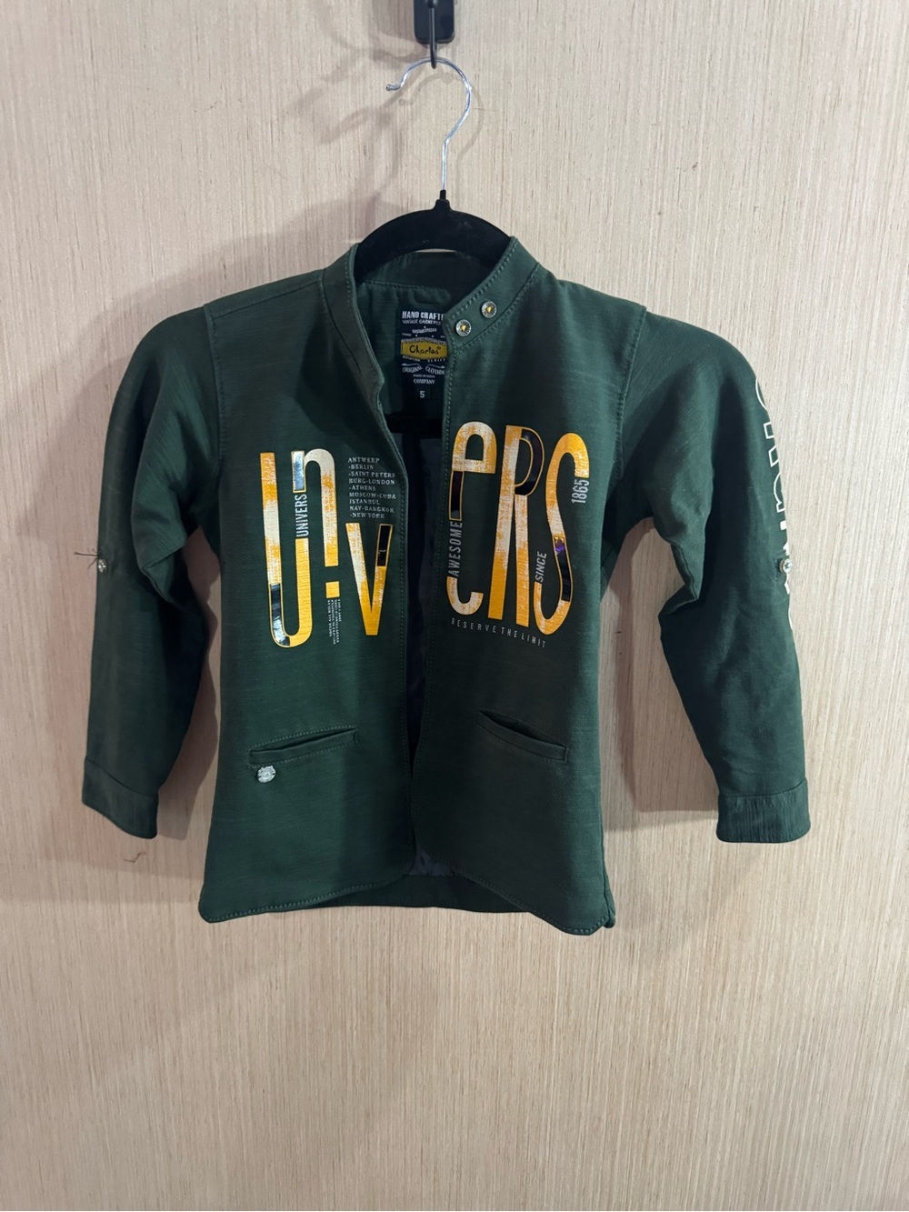 Charlies Olive Green Graphic Jacket with Yellow Accents Size 5